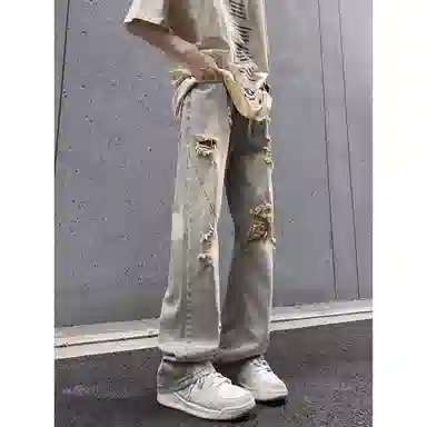 拓菲 做旧高街美式破洞宽松潮牌微喇牛仔裤 男女同款