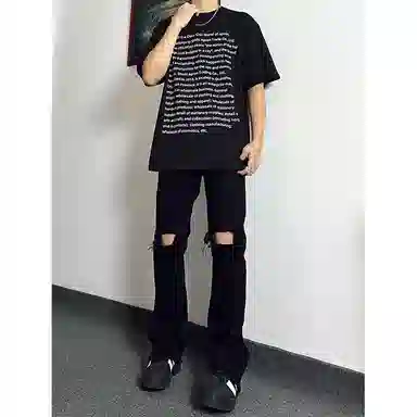拓菲 美式高弹力显瘦裤子高街修身直筒微喇裤拉链膝盖破洞牛仔裤 男女同款