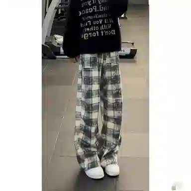 拓菲 美式复古格子长裤裤子男款秋春垂感高级感直筒裤宽松运动休闲牛仔裤 男女同款