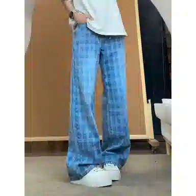 拓菲 美式痞帅高街百搭休闲复古格子纹抽绳直筒微喇弯刀牛仔裤 男女同款