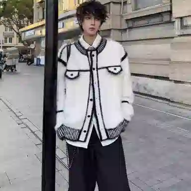 拓菲 小香风撞色毛绒开衫外套男秋冬季小众高级感宽松慵懒针织衫 男女同款