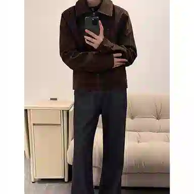 拓菲 绒皮痞帅工装翻领美拉德休闲复古正肩巴恩风外套男高级感短款夹克 男女同款