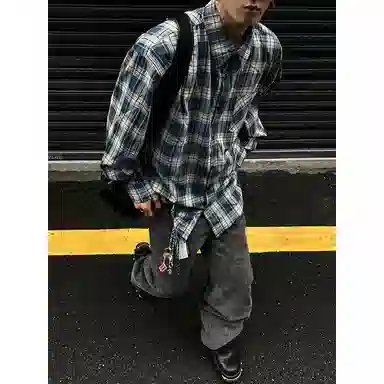 拓菲 美式复古韩系格子重磅磨毛衬衣早春松弛感休闲宽松外套衬衫 男女同款