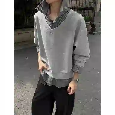 拓菲 美式设计感拼接衬衫领假两件长袖男宽松情侣休闲打底衫卫衣 男女同款