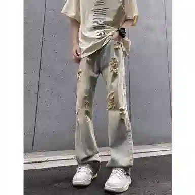 拓菲 做旧高街美式破洞宽松潮牌微喇牛仔裤 男女同款