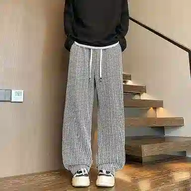 拓菲 菱格提花针织卫裤男秋季宽松阔腿小香风裤子美式垂感老钱风休闲裤 男女同款
