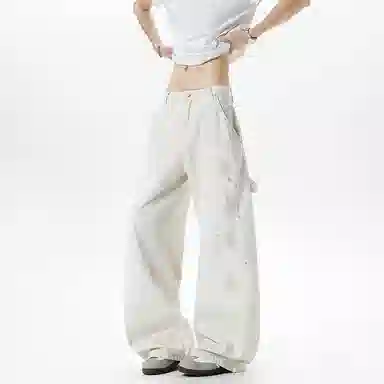 拓菲 美式小众设计感泼墨伐木裤男女复古做旧休闲弯刀潮牛仔裤 男女同款