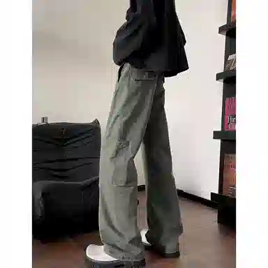 拓菲 美式复古水洗牛仔裤男秋季宽松纯色直筒裤显瘦工装阔腿休闲裤 男女同款