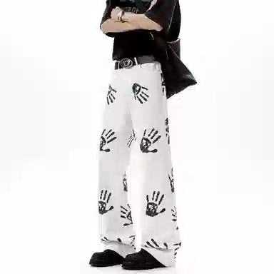 拓菲 美式高街潮牌手掌印花微喇直筒牛仔裤 男女同款