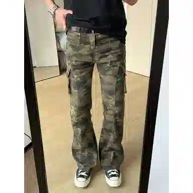 拓菲 美式复古迷彩多口袋修身显瘦休闲痞帅工装裤直筒百搭微喇长裤 男女同款