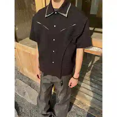 拓菲 千鸟格解构百搭高级感痞帅拼接翻领短袖衬衫 男女同款