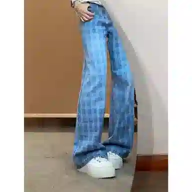 拓菲 美式痞帅高街百搭休闲复古格子纹抽绳直筒微喇弯刀牛仔裤 男女同款