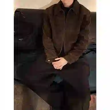 拓菲 绒皮痞帅工装翻领美拉德休闲复古正肩巴恩风外套男高级感短款夹克 男女同款