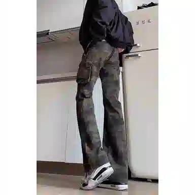 拓菲 夏季美式高街微喇显瘦迷彩工装裤弹力修身牛仔裤复古休闲裤子 男女同款