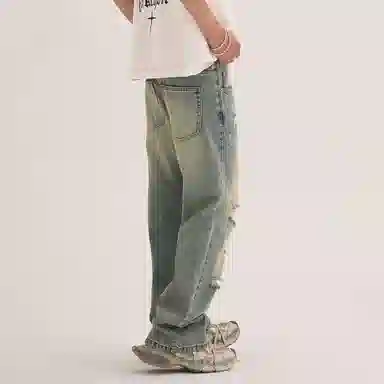 拓菲 「微喇系列」怀旧蓝水洗破洞秋季男款美式高街痞帅裤子牛仔裤 男女同款