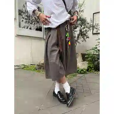 拓菲 美式千鸟格拼接老钱风阔腿西裤七分休闲短裤 男女同款