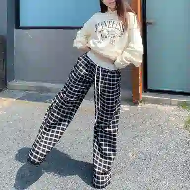 悍戈 美式复古慵懒风透气宽松直筒格子垂感百搭运动休闲裤 男女同款