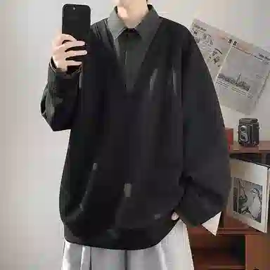 梓润格 假两件翻领大码衬衫领老钱风美式高街破洞炸街高级氛围牛仔户外运动潮牌宽松痞帅休闲百搭设计酷飒个性时尚直筒卫衣套装 男女同款