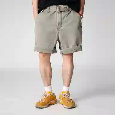 实年服工 单件手作系列 重磅水洗宽松纯色休闲透气五分工装短裤 男款