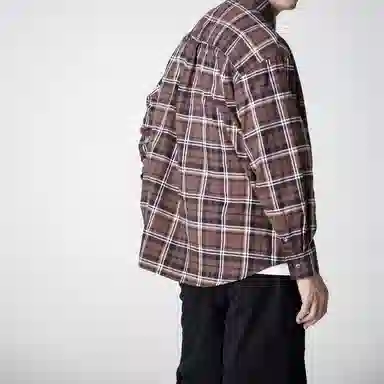实年服工 工作室单件手作系列翻领宽松百搭潮流上衣长袖格子衬衫 男款 啡棕色
