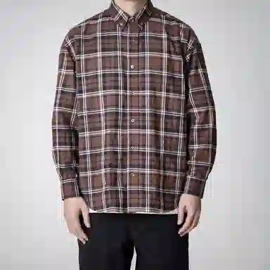 实年服工 工作室单件手作系列翻领宽松百搭潮流上衣长袖格子衬衫 男款 啡棕色