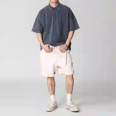 实年服工 单件手作系列 重磅水洗宽松纯色休闲透气五分工装短裤 男款