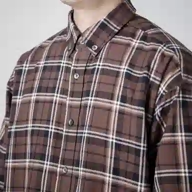 实年服工 工作室单件手作系列翻领宽松百搭潮流上衣长袖格子衬衫 男款 啡棕色