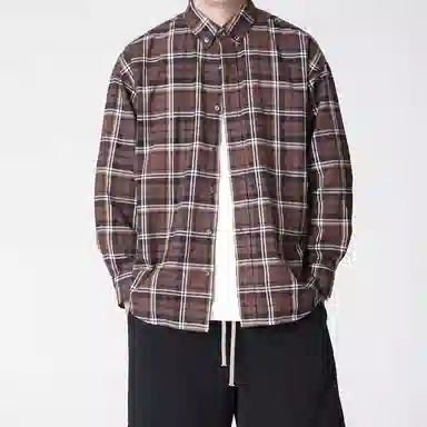 实年服工 工作室单件手作系列翻领宽松百搭潮流上衣长袖格子衬衫 男款 啡棕色