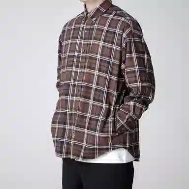 实年服工 工作室单件手作系列翻领宽松百搭潮流上衣长袖格子衬衫 男款 啡棕色