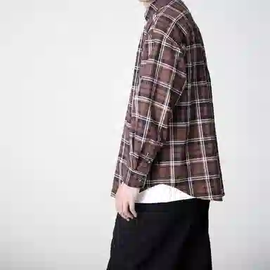 实年服工 工作室单件手作系列翻领宽松百搭潮流上衣长袖格子衬衫 男款 啡棕色