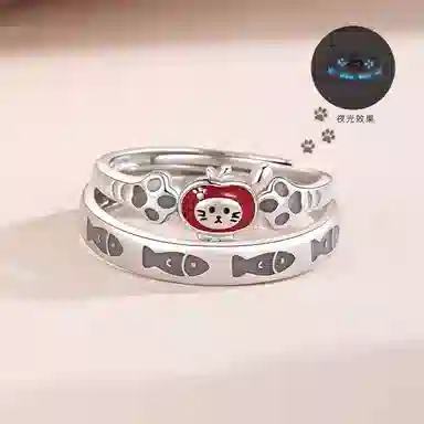 【999足银|免费刻字】 极昼 夜光猫鱼之恋 萌趣卡通可爱涂鸦法式猫抓鱼对戒 简约浪漫百搭恋爱告白纪念日礼赠 纯银 戒指 男女同款情侣款