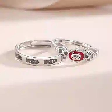 【999足银|免费刻字】 极昼 夜光猫鱼之恋 萌趣卡通可爱涂鸦法式猫抓鱼对戒 简约浪漫百搭恋爱告白纪念日礼赠 纯银 戒指 男女同款情侣款