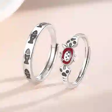 【999足银|免费刻字】 极昼 夜光猫鱼之恋 萌趣卡通可爱涂鸦法式猫抓鱼对戒 简约浪漫百搭恋爱告白纪念日礼赠 纯银 戒指 男女同款情侣款