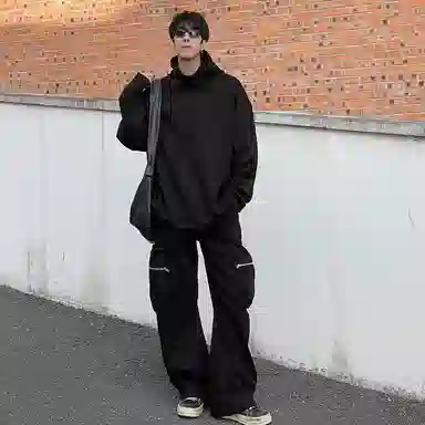 棉基因 重磅美式街头宽松休闲百搭高街复古时尚简约高领连帽纯色落肩卫衣 男女同款