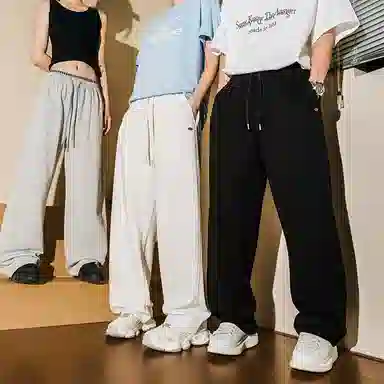 棉基因 美式复古纯色宽松中腰细带撞色拼接结构分割设计卫裤弯刀垂感直筒百搭基础款休闲裤 男女同款