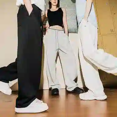 棉基因 美式复古纯色宽松中腰细带撞色拼接结构分割设计卫裤弯刀垂感直筒百搭基础款休闲裤 男女同款