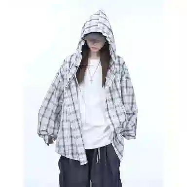 棉基因 空调服轻薄外套美式复古格子防晒服速干连帽潮流搭配上衣夏季长袖衬衫 男女同款