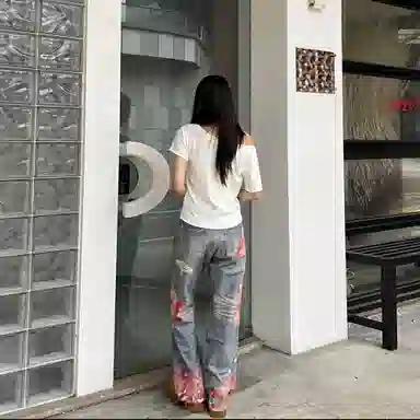 棉基因 美式高街贴布拼接高腰宽松微喇舒适牛仔裤 男女同款 蓝色