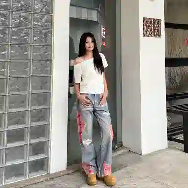 棉基因 美式高街贴布拼接高腰宽松微喇舒适牛仔裤 男女同款 蓝色