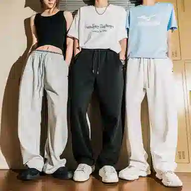 棉基因 美式复古纯色宽松中腰细带撞色拼接结构分割设计卫裤弯刀垂感直筒百搭基础款休闲裤 男女同款