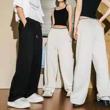 棉基因 美式复古纯色宽松中腰细带撞色拼接结构分割设计卫裤弯刀垂感直筒百搭基础款休闲裤 男女同款