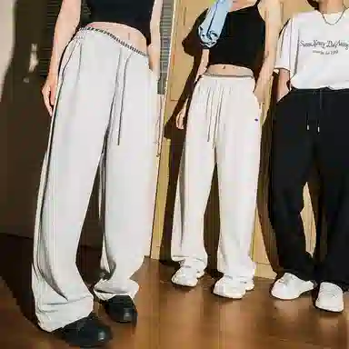 棉基因 美式复古纯色宽松中腰细带撞色拼接结构分割设计卫裤弯刀垂感直筒百搭基础款休闲裤 男女同款