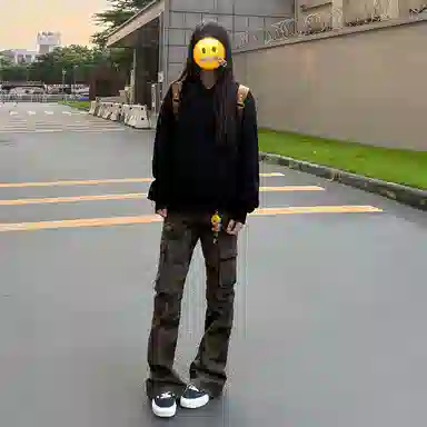 臣目 美式迷彩工装裤直筒潮牌痞帅炸街弯刀裤窄版修身微喇牛仔裤 男女同款