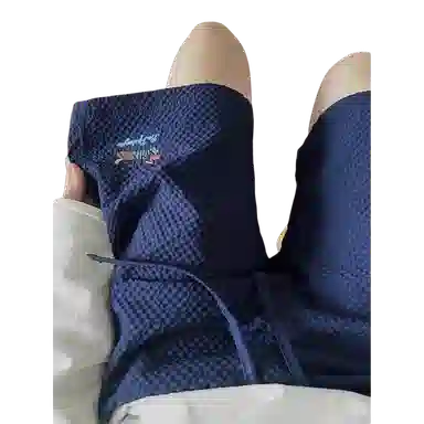 臣目 藏青色泡泡纱腊肠狗短裤男款夏季刺绣冰丝速干美式五分裤裤子 男女同款