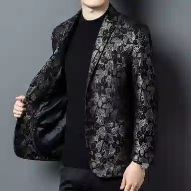 春秋男士真皮银叶花满印百搭通勤休闲西装 男款