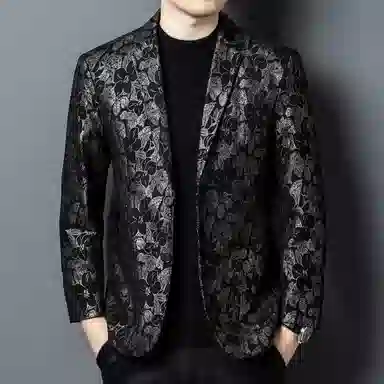 春秋男士真皮银叶花满印百搭通勤休闲西装 男款
