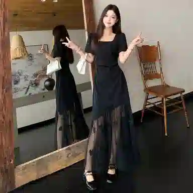 MistShine French Elegance Square Neck Butterfly Mesh Dress