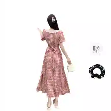 雾闪闪 合身高腰适中方领短袖连衣裙 女款