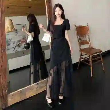 MistShine French Elegance Square Neck Butterfly Mesh Dress