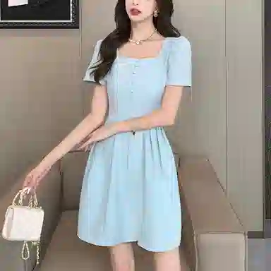 雾闪闪 时尚百搭纯色简约短袖连衣裙 女款